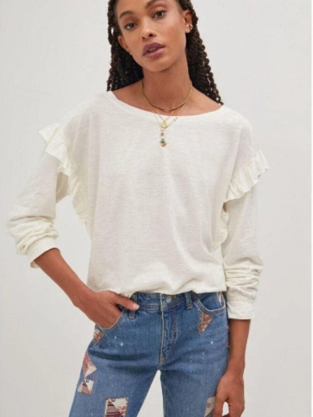 Anthro Pilcro Cream Ruffle-Sleeve Long-Sleeve Top; NWOT; Size XL